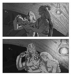 two pages showing the same scene as they appear to be in an animated movie, one is