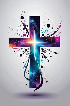 a cross with colorful paint splatters and swirls