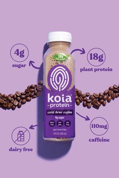 the label for kola protein on a purple background with coffee beans around it and instructions