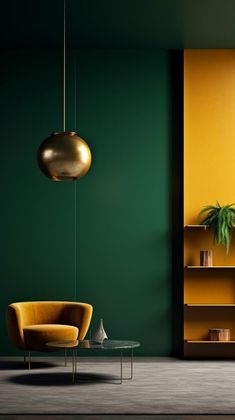 a living room with green walls and yellow furniture in the corner, along with a bookcase