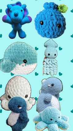 several crocheted stuffed animals in different colors and sizes on a light blue background