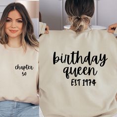 Birthday Queen Est Custom Sweatshirt, 40th Birthday Gifts For Woman, Personalized Birthday Sweater, Custom Birthday Present, Back Print Shirt Welcome to VickyTeeDesign Shop! How to Order  * Please choose your t-shirt color and the shirt size by the drop-down menus * Enter the design idea or the personalization if you would like. * Please feel free to ask any questions. My Shirt Material Is Below:   Solid colors: %100 Cotton. (White and Black) Heather colors: %52 Cotton + %48 Polyester. Please Co Birthday Crew Neck Sweatshirt With Custom Text, Custom Text Crew Neck Sweatshirt For Birthday, Lettering Crew Neck Sweatshirt For Birthday, Birthday Sweater, 40th Birthday Gifts For Women, Deer Shirt, My Shirt, Birthday Queen, 40th Birthday Gifts