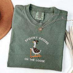 Comfort Colors Spooky Goose On The Loose Tshirt Embroidered, Halloween Tshirt, Funny Shirt, MADE IN USA Fall Graphic Tees, Mama Fashion, Embroidered Halloween, Loose Tshirt, Halloween Tshirt, Funny Tshirt, Tshirt Funny, Lulu Lemon