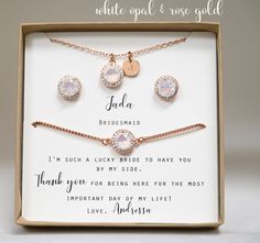 the bridesmaid gift set includes three matching bracelets and two personalized necklaces