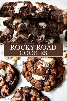 chocolate rocky road cookies stacked on top of each other