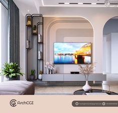 a large flat screen tv mounted to the side of a wall in a living room