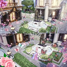 an image of a doll house with flowers and butterflies in the front yard, surrounded by pink roses