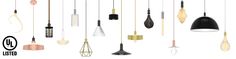 a bunch of different types of lights hanging from the ceiling and in front of a white background