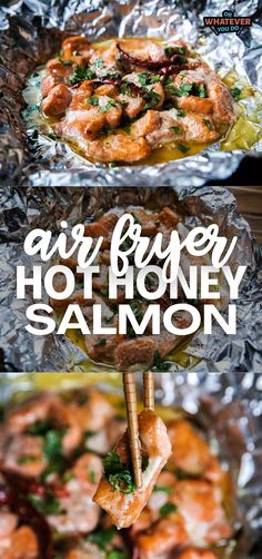 grilled shrimp on skewers with text overlay that reads air fryer hot honey salmon