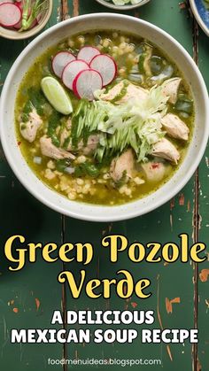 green pozole veroe soup in a white bowl with sliced radishes on top