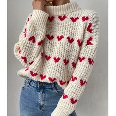 Cozy Heart Print Turtleneck Knit Oversized Sweater Xs S M L Xl, 100% Polyester, Ships In 7-8 Days Pull Crochet, Traje Casual, Heart Sweater, Drop Shoulder Sweaters, Cozy Vibes, Loose Outfit, Jacquard Knit, White Sweater, Outfit Casual