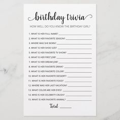 a birthday trivia card with the words, how well do you know the birthday girl?