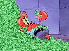 the spongebob character is sitting on top of a pile of money and throwing it in