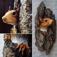 three pictures of a squirrel in a tree with its head sticking out of the bark