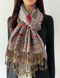 Womens large, long, paisley scarf. Pashmina shawl style multi colour scarf wrap with large paisley floral prints. Stunning vintage style! Beautiful quality scarf for women in rich regal colours. Reversible double sided shawl. Great for everything from a casual wear neck scarf, to a formal wrap or wedding shawl. Ideal gift or ladies "Gift for Her".  Available in Fuchsia Pink, Dark Purple, Brown and Teal. 55% Viscose, 45% Acrylic. 185L X 70W CM. Style 2 (semi-silky feel) available in Teal Blue, Fu Formal Wrap, Shoulder Scarf, Multicolor Wedding, Colour Wedding, Shawl Style, Evening Shawls, Rainbow Scarf, Paisley Scarves, Scarf Vintage