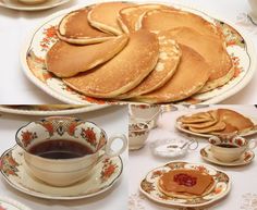 pancakes and cups of coffee on a table