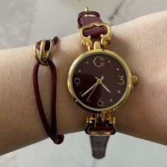 Beautiful Burgundy Deep Red Watch With Gold Bezel And Burgundy Face, Featuring Ornate Design On Both Straps That Are Genuine Leather. Japanese Movement With Stainless Steel Back. Watch Runs On Batteries. Does Not Come With A Box Or Tags. Trendy Gold Leather Watch, Red Watches, Red Watch, Bangle Watches, Ornate Design, Leather Strap Watch, Antique Watches, Fashion 2024, Girly Jewelry