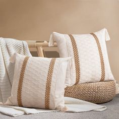 PRICES MAY VARY. Cotton & Jute Package - Each package includes 2 18 X18 inch(45x45cm) double stripes woven pillow covers with 4 tassels. NO INSERT. Due to the stretchable fabric and manual measurement, please allow 0.5-1 inch size error. Fabric & Zipper - Front side decor fabric with 67% cream cotton and 33% burlap, as the burlap is pure natural, the jute area might be a little smell, please place throw pillow cover in airy place for a few days and the smell will disappear. With invisible zipper Living Room Natural, Cover For Couch, Neutral Pillow, Chic Throw Pillows, Bedroom Couch, Set Sofa, Neutral Pillows, Bantal Sofa, Woven Pillows