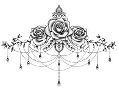 a black and white drawing of roses on a chain with drops hanging from the side