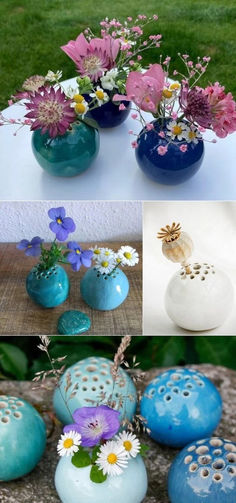 four different pictures of vases with flowers in them and some rocks on the ground