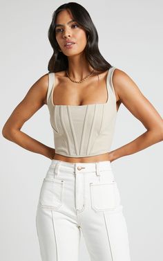 Pellar Top - Square Neck Corset Top in Sand | Showpo USA Trendy Crop Top With Adjustable Straps And Square Neck, Chic Crop Top With Adjustable Straps And Square Neck, Fitted Square Neck Corset, Trendy Fitted Crop Top With Wide Straps, Fitted Beige Crop Top With Adjustable Straps, Square Neck Corset Top, Corset And Jeans, Hen Party Dress, Neck Corset