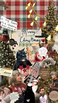 a collage of christmas images with cats and people around the holiday tree in red, green, black and white