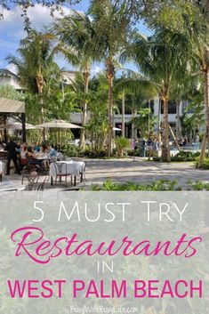 palm trees and people sitting at tables with text overlay that reads 5 must try restaurants in west palm beach