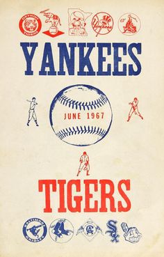 an old baseball program cover with the yankees and tigers logo in red, white, and blue