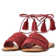 Rose Red Colored On A Flat Slip-On Lace Up Gladiator Sandals Feature An Open Toe With Tiered Fringe Design And Ankle Lace Up Tassel Tie Closure! Fashion Footwear For All Your Summer Activities! Measures Approximately True To Size Shoe Size 8 Material: Cotton Polyester Rubber Sole Upc1281309 Slip-On Ankle Wrap,Fringe Fashion Flat Form Sandals Closed Toe Sandals With Tassels For Spring, Spring Sandals With Ankle Strap And Tassels, Spring Flat Heel Sandals With Tassels, Casual Flat Heel Sandals With Tassels, Casual Flat Sandals With Tassels, Red Bohemian Sandals For Spring, Flat Sandals With Tassels, Adjustable Sandals With Tassels For Vacation, Red Flat Sandals For Festival