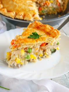 a slice of chicken pot pie on a plate