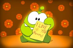 a cartoon character holding a paper with the words i love you mommy written on it