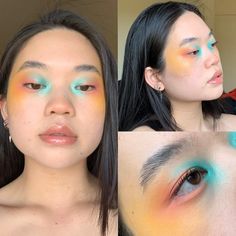 Pink Yellow Blue Makeup, Yellow Blue Makeup, Blue And Yellow Eyeshadow, Blue And Yellow Makeup, Drac Makens, Yellow Eye Makeup, Artsy Makeup