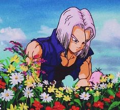 an anime character kneeling down in a field of flowers