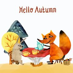 an illustration of two foxes eating food in the woods, one is holding a basket