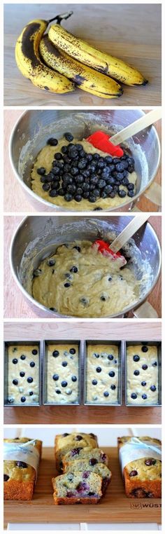 bananas and blueberries are being cooked in pans