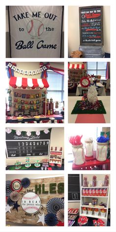 various pictures of baseball themed items on display at a game day party or baby shower