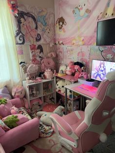 a child's bedroom decorated in pink and white with lots of stuffed animals on the walls