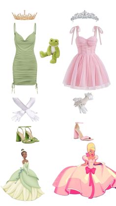 princess dresses and tiaras are shown in this image