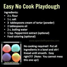 the recipe for easy no cook playdough is shown in this screenshote