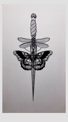 a black and white drawing of a dragonfly sitting on top of a knife