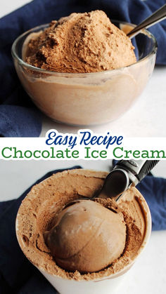 two bowls filled with chocolate ice cream on top of a blue towel and white table cloth