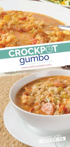 a bowl of crockpot gumbo next to a plate of food on a table