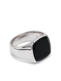 silver-tone/jet black sterling silver polished finish rhodium plating engraved logo onyx black square shape pull-on style When buying this unisex item, keep in mind that it is graded in standard men's sizing. Tom Wood, Engraved Logo, Onyx Ring, Black Square, Square Shape, Designer Jewelry, Jet Black, Sterling Ring, Rhodium Plated