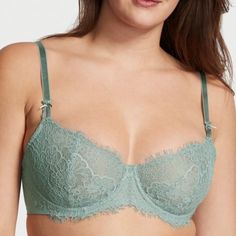 New With Tags Victoria’s Secret Dream Angels Wicked Unlined Lace Balconette Bra Push Up Without Padding Sage Dust Green Get The Push-Up Lift You Love Without Padding In Our Signature Wicked Style. Accented With Romantic Lace And Bows At The Straps. Lift & Lining Unlined With Innovative Sling To Provide Push-Up Without Padding Made With 100% Recycled Cup Lining Underwire Straps & Hooks Fully Adjustable Straps Back Hook-And-Eye Closures Details & Fabric Partially Made From Recycled Materials Hand Wing Wing, Green Bra, Push Up Strapless Bra, Dr Wardrobe, Lace Balconette, Balconet Bra, Green Bras, Sheer Bra, Cute Bras