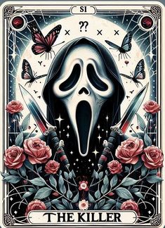 a poster with an image of a ghost holding two knives in front of roses and butterflies