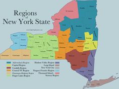 the regions of new york state with their respective county names and major cities in color