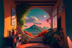 an image of a window with mountains in the background and plants growing out of it