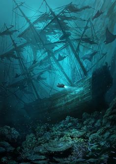 an underwater scene with a ship in the water