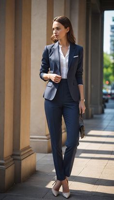 Command the office with this classic women's power suit. Featuring a tailored blazer and matching trousers, paired with a crisp white blouse, pointed-toe heels, and a structured leather handbag, this look is all about confidence and professionalism  #PowerSuit #OfficeFashion #TailoredFit #Blazer #Trousers #WhiteBlouse #PointedToeHeels #LeatherHandbag #ProfessionalStyle #OfficeOutfit #fashion #handbags #officewear #ootd #outfits Formal Suits For Women Business Professional, Power Suits For Women Classy, Tailored Blazer Women, Womens Pantsuit, Womens Power Suit, Lawyer Outfits Women, Lawyer Outfits, Professional Wardrobe Essentials, Pant Suits For Women