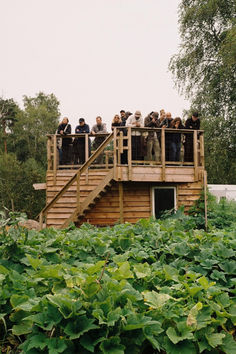 a group of people standing on top of a wooden structure in the middle of a field